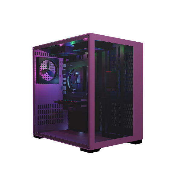 粉红色的电脑机箱，有4个壮观的风扇和RGB照明。图片下载