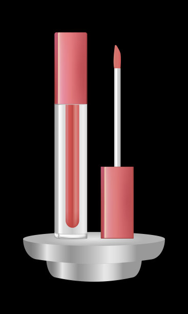 唇彩管模板。唇霜塑料透明瓶与玫瑰金帽孤立的黑色背景。三维现实矢量包装。图片下载