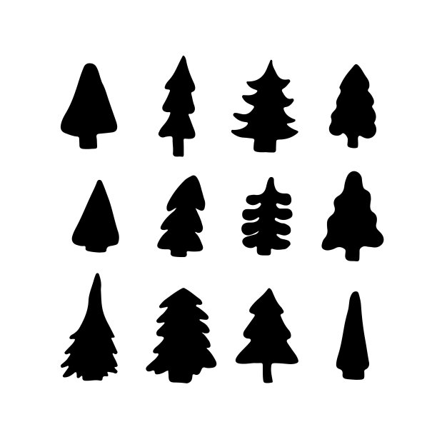 一套可爱的圣诞树与雪花为新年和圣诞节的设计。新年快乐。矢量插图。手绘。平面设计。图片下载