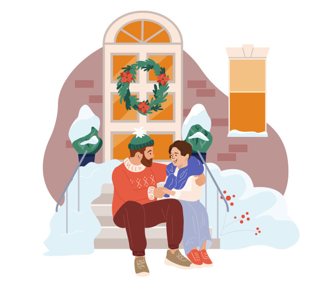 一对热恋中的卡通情侣坐在楼梯上。新年、圣诞假期一起共度时光。冬天有趣的矢量插图在卡通风格孤立的白色。欢喜男女之情图片下载