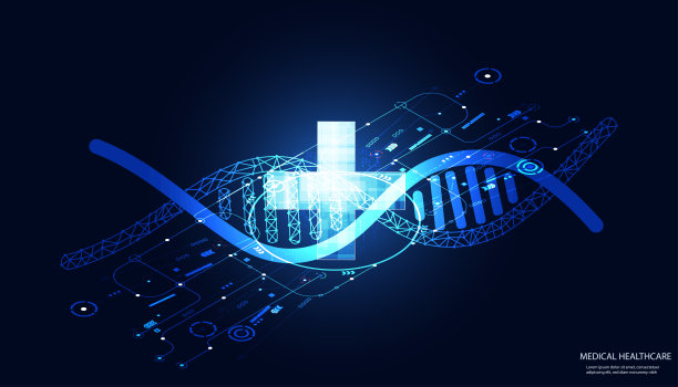 摘要DNA，数字流和医学符号加。的概念。未来治疗，基因编辑，现代医疗技术。蓝色背景，高科技图片下载