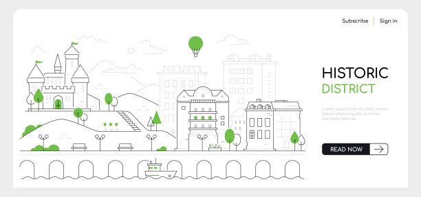 历史街区-现代细线设计风格矢量横幅图片下载