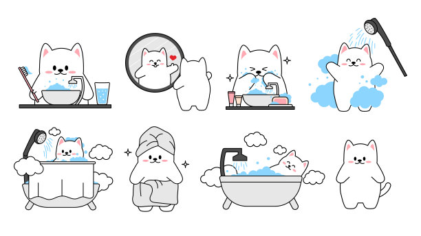 收集不同的可爱的小猫在一个白色的背景。卡哇伊一套有趣的动物人物设计在卡通风格。宠物猫。小贴纸。矢量插图。图片下载