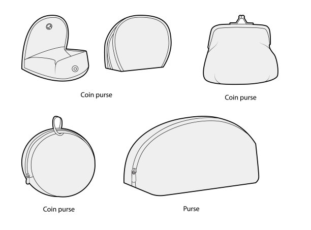 一套硬币钱包，小袋和化妆袋。钱包时尚配饰插画。组织者正面视图为男性和女性图片下载