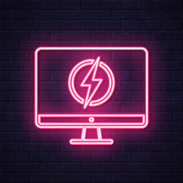 带有电学符号的台式计算机。在砖墙背景上发光的霓虹灯图标图片下载