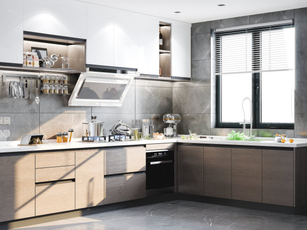 带有黑色窗户的现代厨柜图片下载