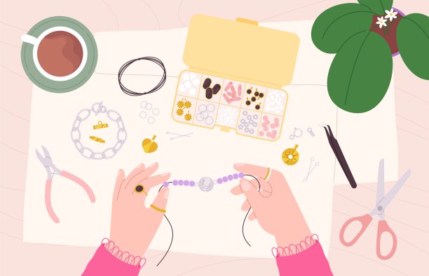 珠宝制作车间俯视图。手做项链或手镯。工艺品和手工饰品，装饰时尚活泼向量场景图片下载