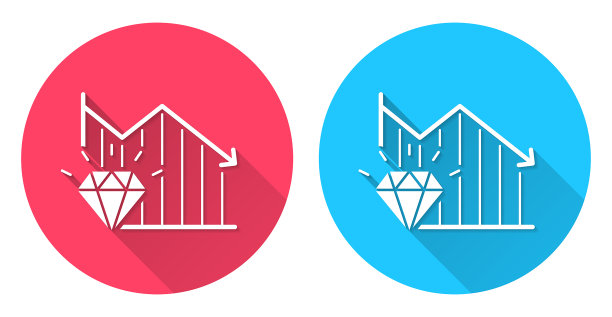 Diamond的下降图。圆形图标与长阴影在红色或蓝色的背景图片下载
