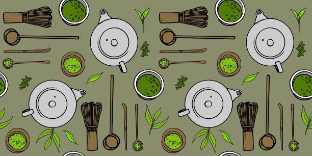 抹茶无缝花纹。矢量有机茶抹茶粉，茶叶，传统的茶杯，茶壶，打蛋器，匙为日本茶道。用于菜单，传单，海报，包装设计。图片下载