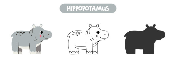 彩色图片，黑白插图，矢量剪影。可爱的卡通河马。图片下载