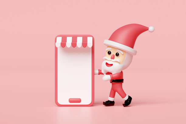 圣诞老人与手机或智能手机店门口孤立的粉红色背景。圣诞快乐，新年快乐，3d渲染插图图片下载