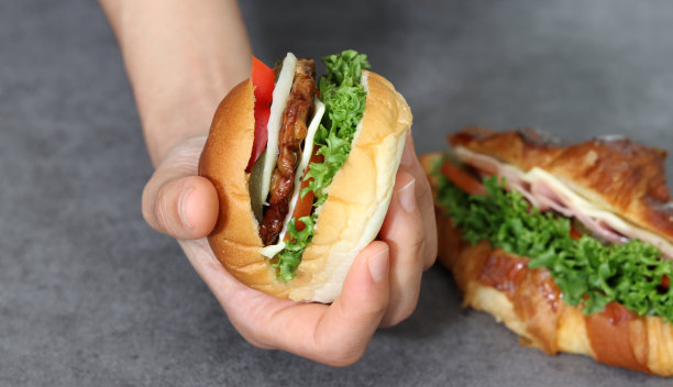 一只手拿着汉堡包的特写图片。图片下载