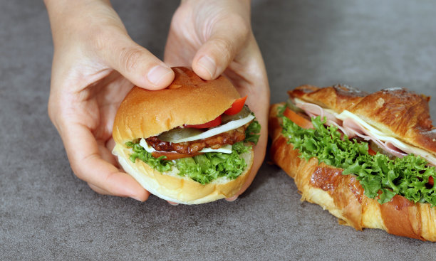 一只手拿着汉堡包的特写图片。图片下载