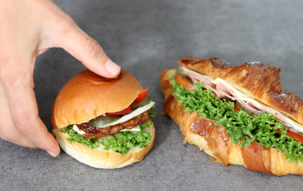 一只手拿着汉堡包的特写图片。图片下载