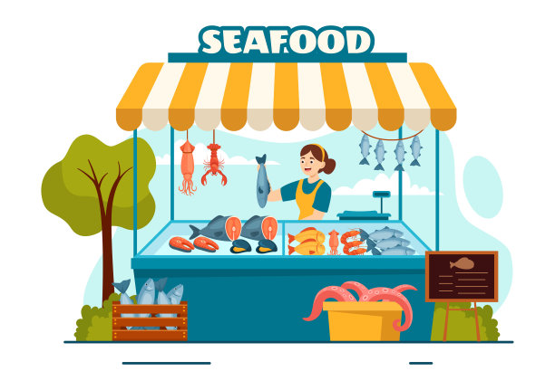海鲜市场摊位矢量插图与新鲜的鱼产品，如章鱼，蛤蜊，虾和龙虾在平面卡通背景设计图片下载