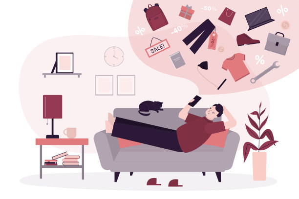 快乐的男人躺在客厅的沙发上，用智能手机购物。网上服装饰品店，帅哥在网上商店远程购物。图片下载