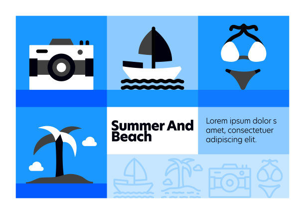 夏季和海滩线图标集和横幅设计。图片下载