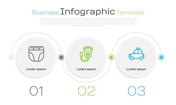 设有狗尿布、宠物剪毛、宠物出租车等系列产品。业务信息图表模板。向量图片下载