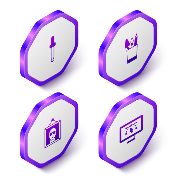 集等距滴管颜色选择调色板，铅笔盒文具，图片和电脑与设计程序图标。紫色六边形按钮。向量图片下载