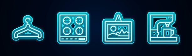 设置线衣架衣柜，煤气炉，图片和咖啡机。发光的霓虹灯图标。向量图片下载