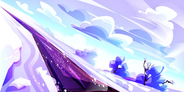 冬天的村庄风景与白雪覆盖的道路。创意矢量插图在卡通风格。图片下载