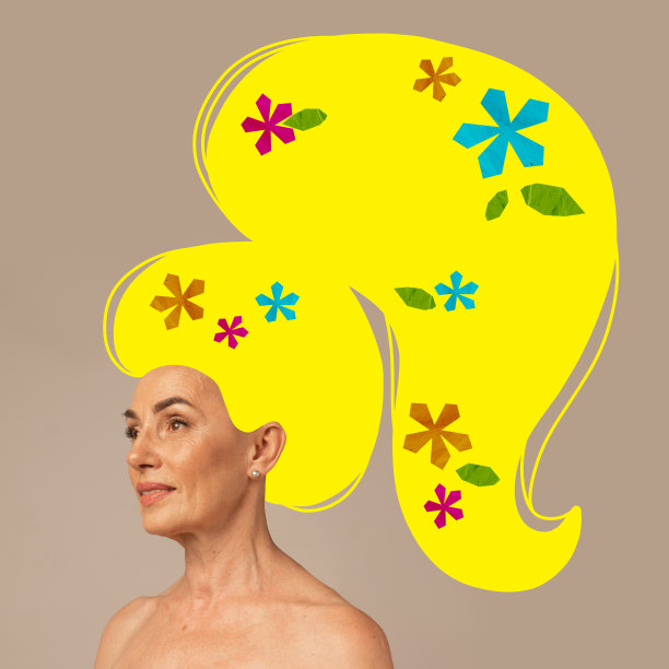 海报。当代艺术拼贴。美丽的老年妇女的肖像，在她的长发和马尾辫装饰着鲜花梦想。图片下载