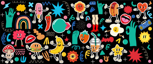 各种复古补丁，贴纸或邮票和别针抽象有趣可爱的漫画人物。图片下载