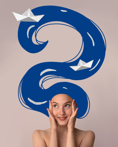 海报。当代艺术拼贴。开朗、有趣的女士，她长长的头发像河水一样被拉成蓝色，上面装饰着白色的纸船。图片下载