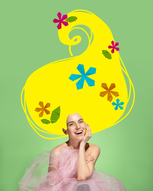 海报。当代艺术拼贴。一个快乐的女人的肖像，她穿着公主的衣服，长长的头发上装饰着鲜花，梦想着。图片下载