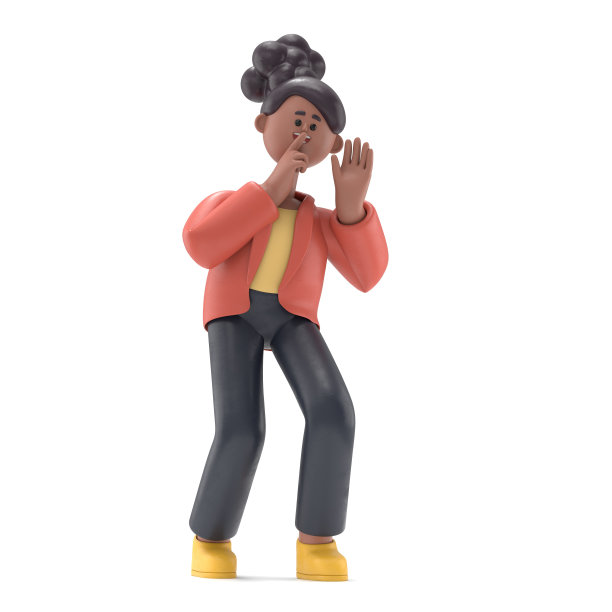 3D插图非洲妇女可可在窃听的姿势。3 d图像。白色背景的3D渲染。图片下载