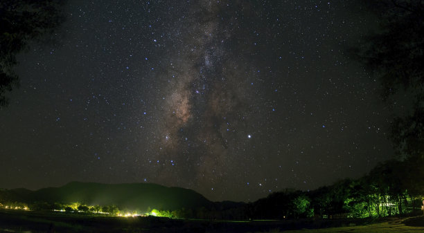 夜空中星光闪烁的银河系全景图。山上的星光景观。美丽的夜空。图片下载