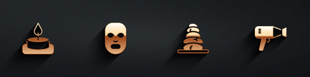 集芳香蜡烛，面部美容面膜，堆叠热石和吹风机图标与长阴影。向量图片下载