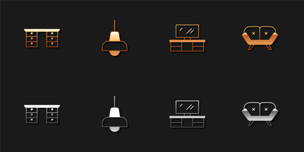 设置办公桌，灯挂，电视桌架和沙发图标。向量图片下载