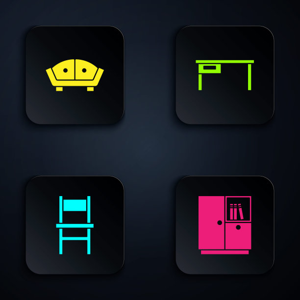 套装衣柜，沙发，椅子和办公桌。黑色方形按钮。向量图片下载