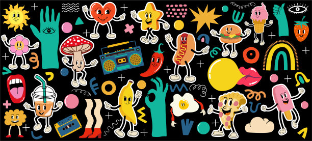 各种复古补丁，贴纸或邮票和别针抽象有趣可爱的漫画人物。图片下载