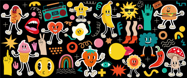 各种复古补丁，贴纸或邮票和别针抽象有趣可爱的漫画人物。图片下载