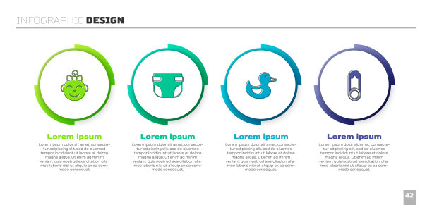 设置小女孩头，婴儿尿布，橡皮鸭和衣服别针。业务信息图表模板。向量图片下载