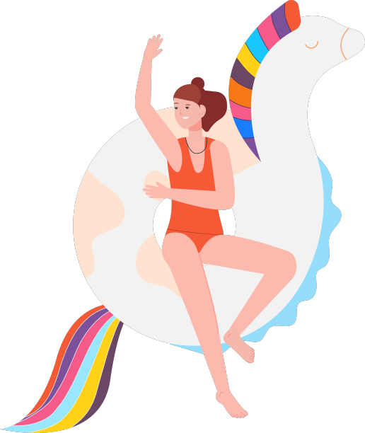 快乐的女人躺在泳池上甜甜圈俯视图图片下载