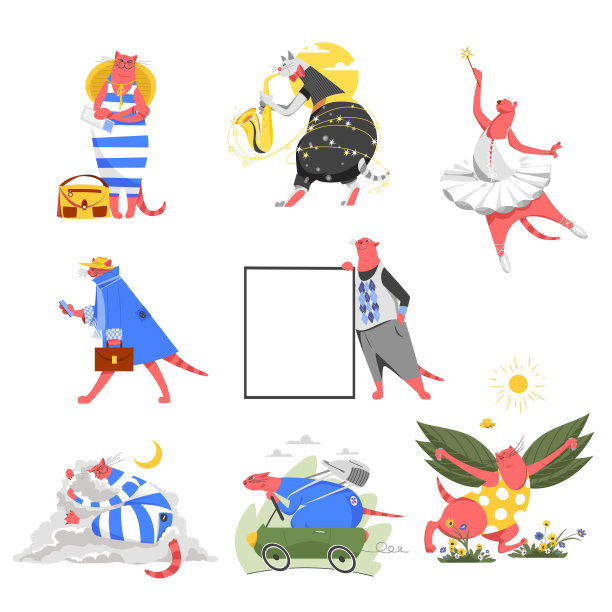 生活中的猫。的职业。一组有猫的矢量图片。假期。工作。生活图片下载