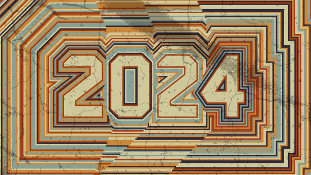 2024年新年贺卡。复古的70年代条纹风格。旧的褪色的条纹招牌图片下载