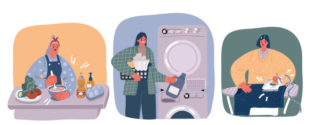家庭主妇做家务场景矢量插画：洗碗和熨衣服图片下载