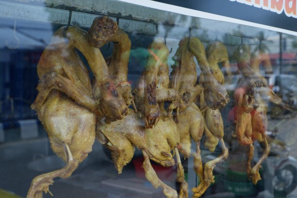 煮熟或烤熟的鸭肉被街头小贩挂起来图片下载
