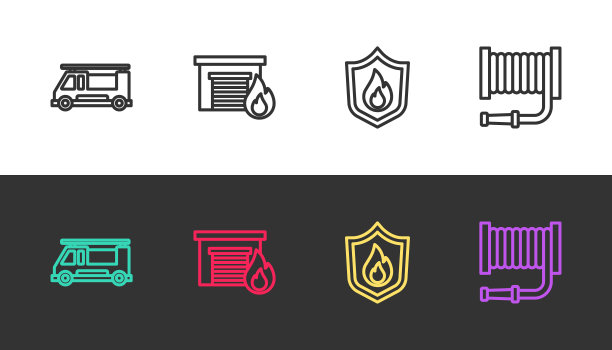 黑白消防安全图标：消防车、燃烧的车库、防护盾和软管卷盘矢量素材图片下载