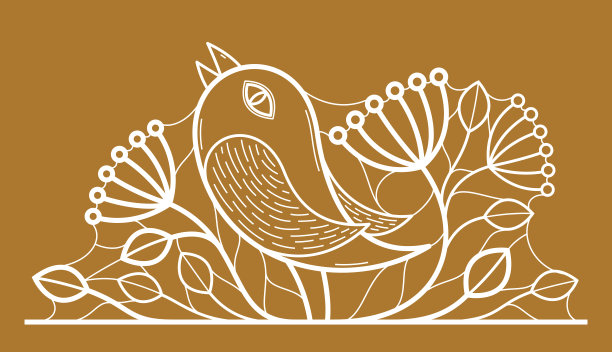 美丽的鸟在一个分支上的线性花卉矢量设计上的黑暗，叶优雅的文字分隔边框元素的布局，时尚风格的经典标志，豪华复古图形。图片下载