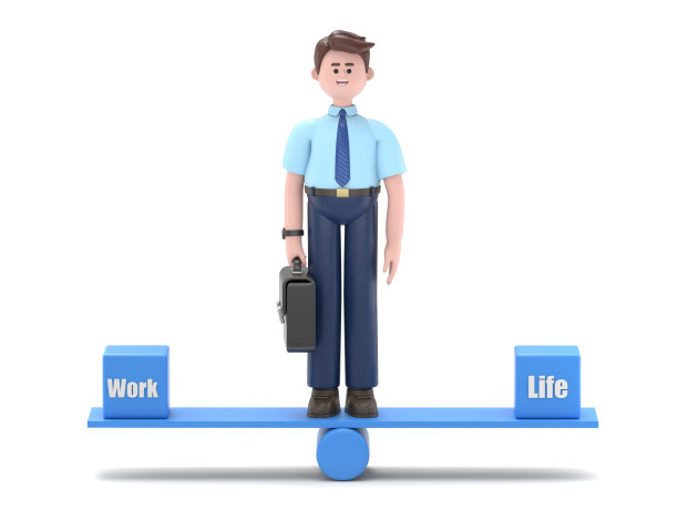 亚洲男子菲利克斯站在跷跷板的中心，两侧是工作和生活盒子。白色背景的3D渲染。图片下载