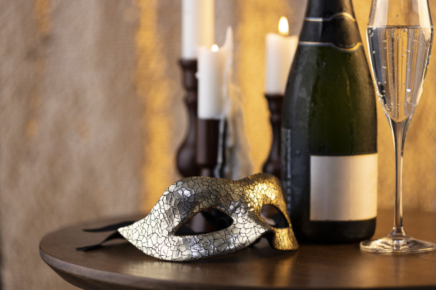 特写香槟，假面舞会面具和烛台-股票照片图片下载