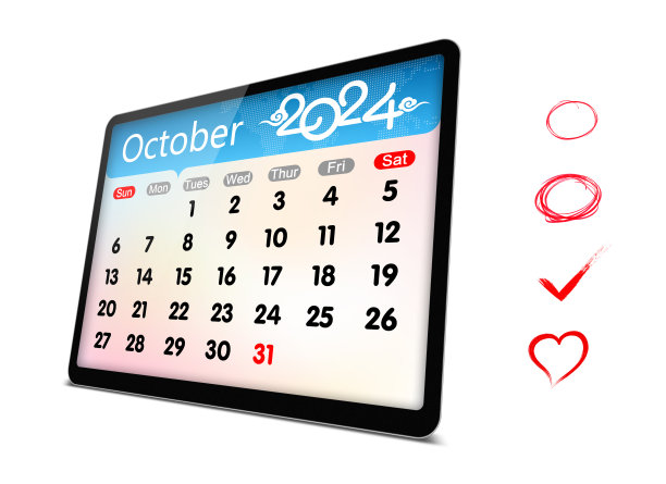 (剪辑路径)2024年10月日历上的数字平板电脑隔离图片下载