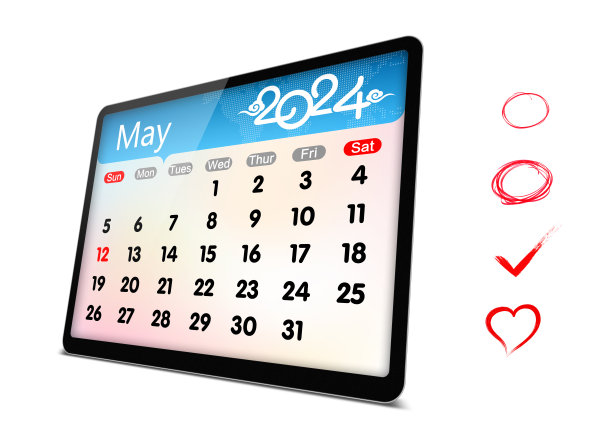 (剪辑路径)2024年5月日历上的数字平板电脑隔离图片下载