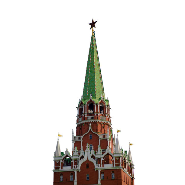 俄罗斯莫斯科红场上的克里姆林宫塔，孤立在白色的背景上。它是莫斯科的主要地标之一，孤立在白色的背景上。图片下载