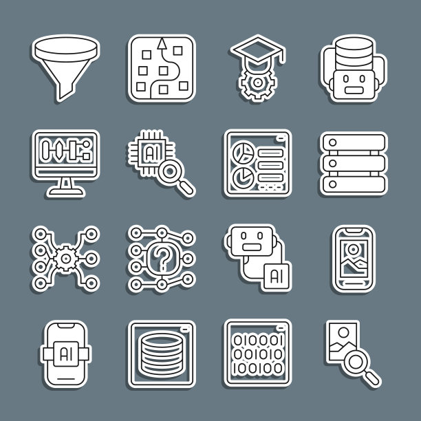 设置线照片修图，手机，服务器，数据，毕业帽，处理器CPU，算法，漏斗过滤器和计算机api接口图标。向量图片下载